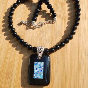 Jay King, DTR black agate necklace and black agate micro opal pendant 925,